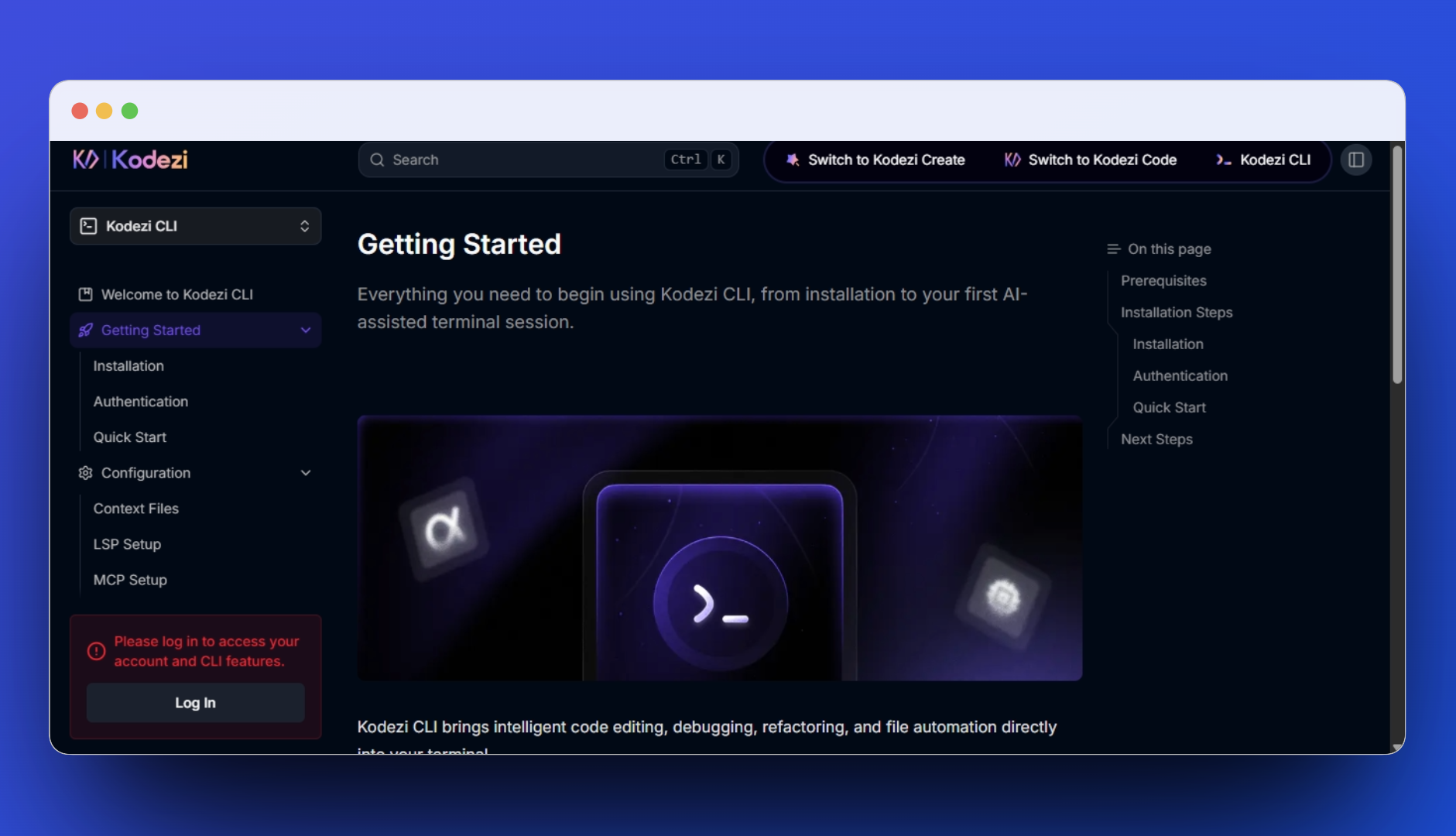Kodezi CLI documentation screenshot