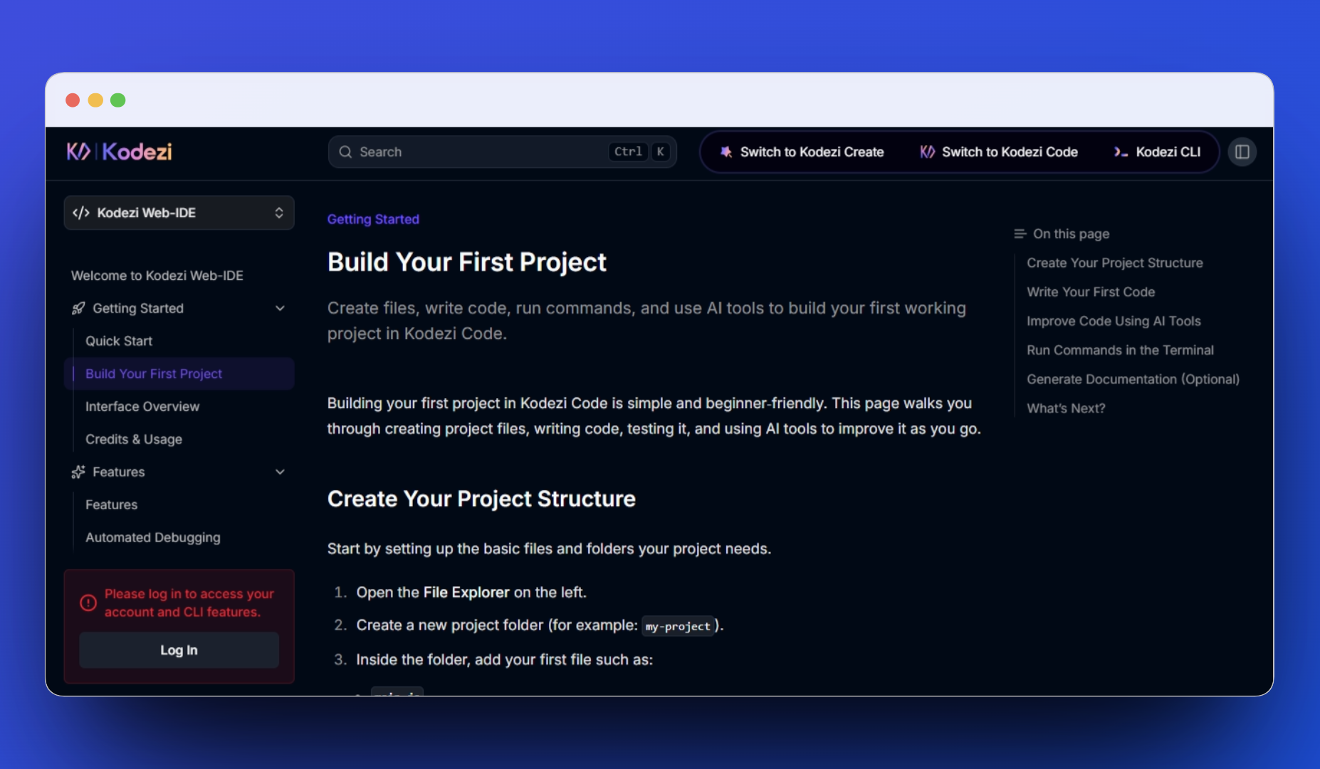 Kodezi Web IDE documentation screenshot