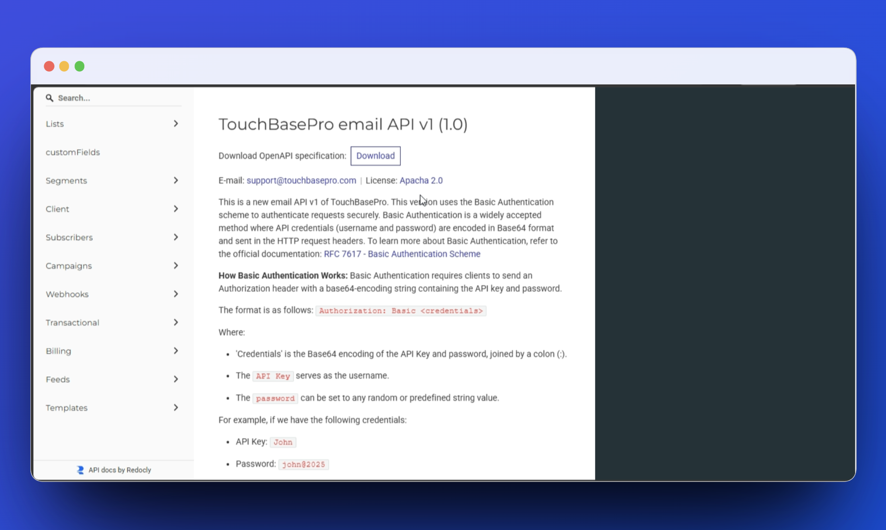 TouchBasePro documentation screenshot